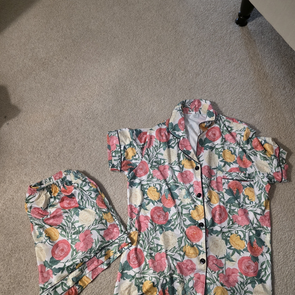 Floral Button-Up Pajama Set in Pink, Yellow & Green